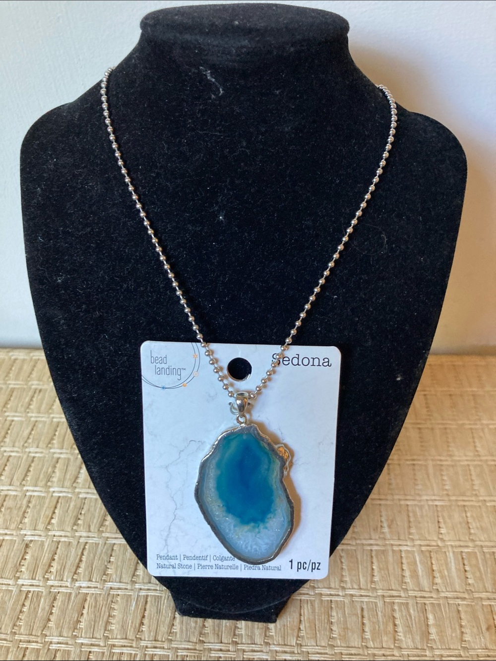 Sedona Blue Agate Slice Pendant Necklace - Silver Tone